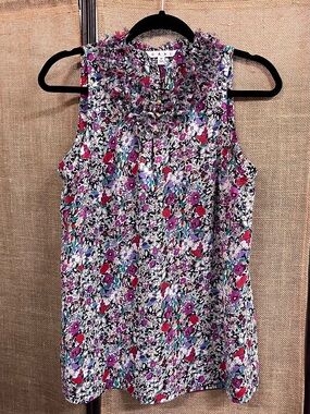 CAbi Floral Sleeveless Ruffle Neck Top in Multi